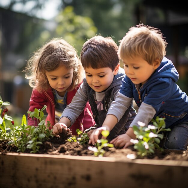 Foto una giornata mondiale dell'ambiente bambini di tre anni che piantano piante verdi in scatole di legno