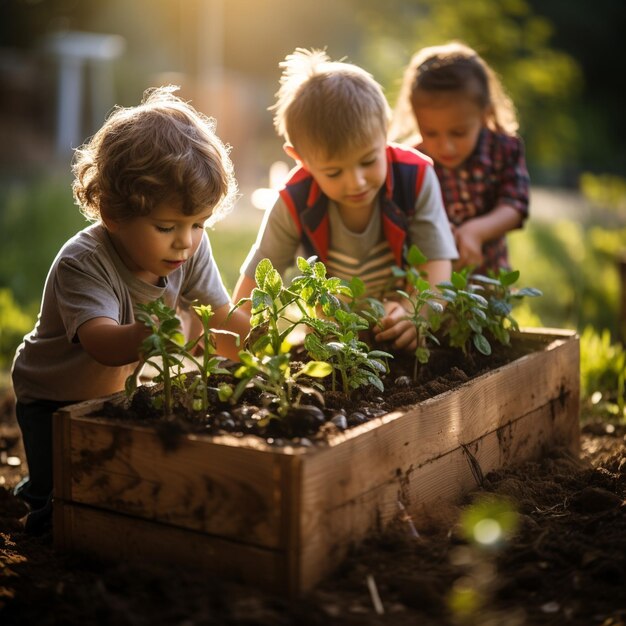 Photo a world environment day 3 years old kids planting green plants in wooden box