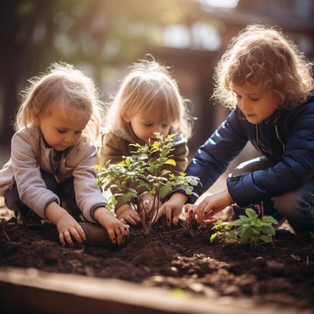 Foto una giornata mondiale dell'ambiente bambini di tre anni che piantano piante verdi in scatole di legno