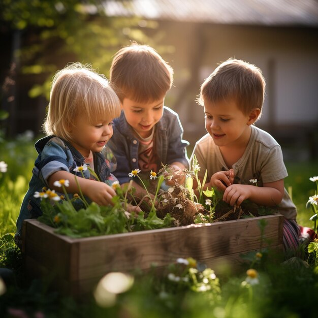 Foto una giornata mondiale dell'ambiente bambini di tre anni che piantano piante verdi in scatole di legno