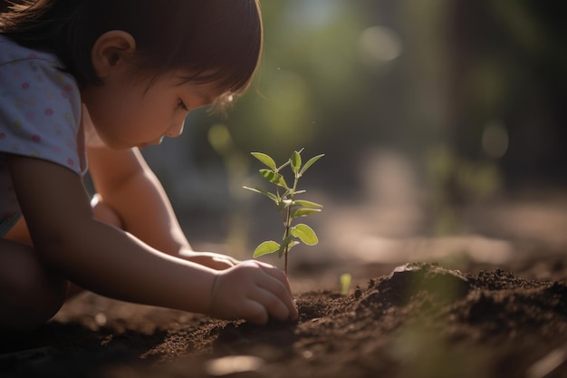 写真 世界環境デー 地域公園で木の苗木を植える子供