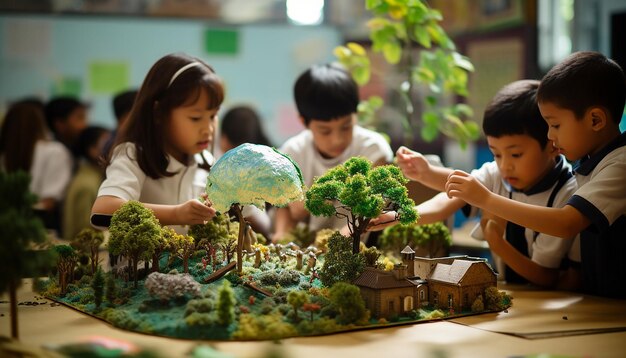 사진 세계 환경의 날 교실에서 아이들이 모형 지구와 상호 작용하는 사진