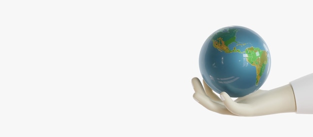 Foto concetto della giornata mondiale dell'ambiente cartone animato 3d con la mano che tiene l'icona della terra su sfondo bianco