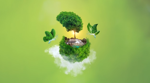 World environment day concept, earth day, earth and tree with butterfly on clouds