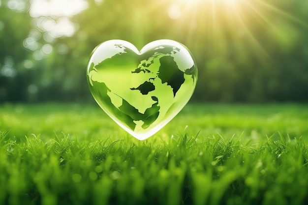 World environment day concept earth in heart shape on green grass generated by ai