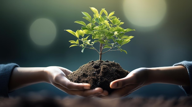 Концепция Всемирного дня окружающей среды с рукой, держащей дерево на размытом естественном фоне Generative Ai