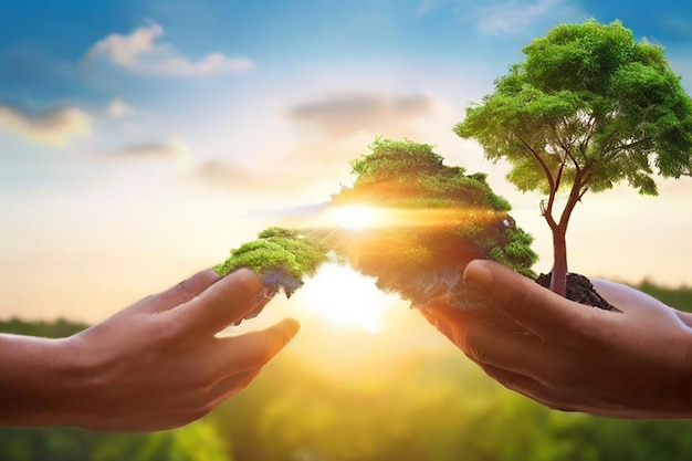 World environment day concept two human hands holding earth globe and big tree over blurred forest sunset background