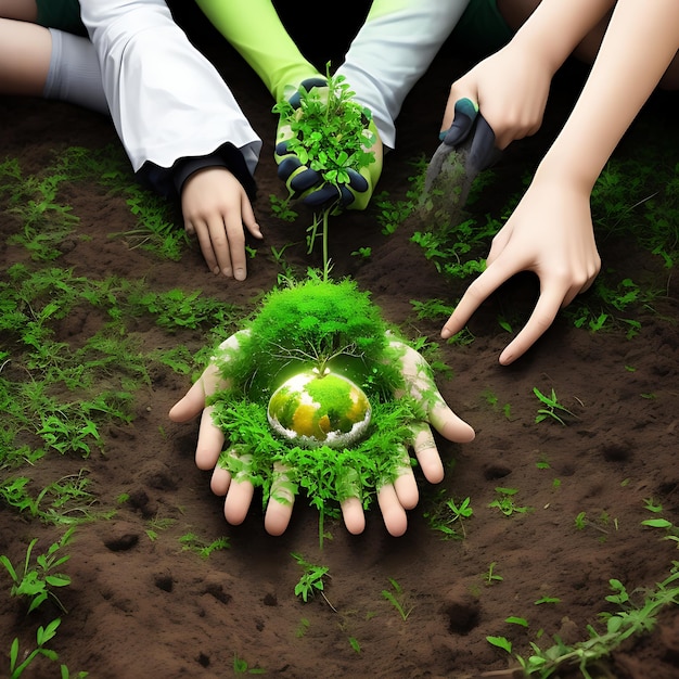 사진 세계 환경의 날 컨셉은 나무 심기와 녹색 땅을 자원봉사자의 손으로 생태학을 위해