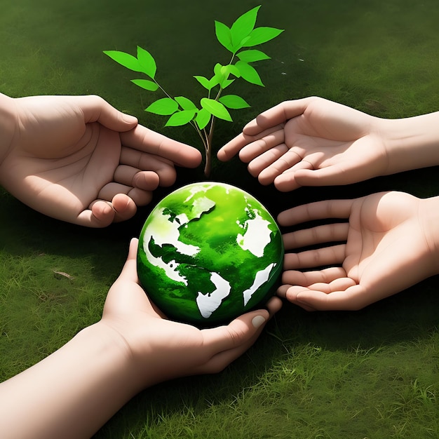 World environment day concept with tree planting and green earth on volunteering hands for ecologica