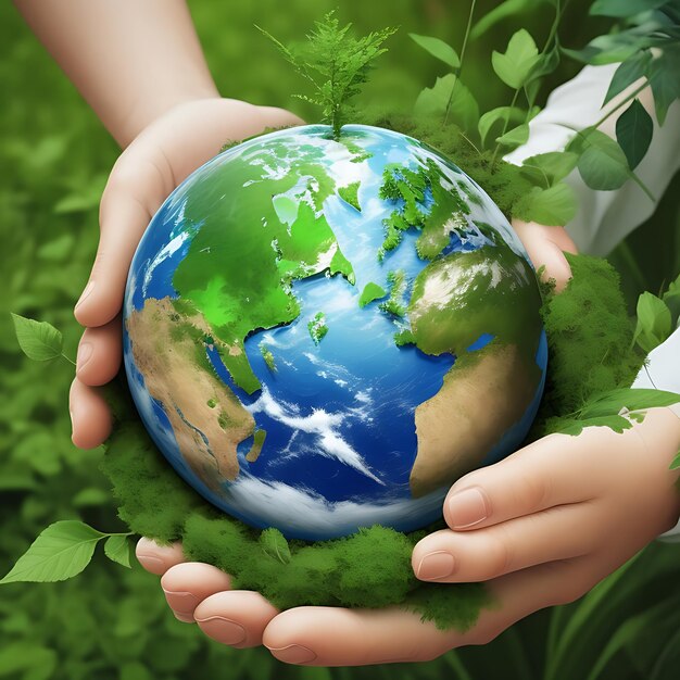 World environment day concept with tree planting and green earth on volunteering hands for ecologica