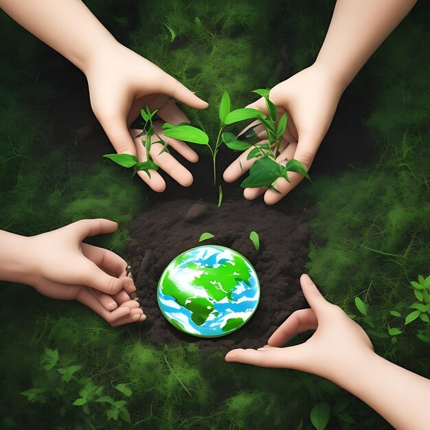 Photo world environment day concept with tree planting and green earth on volunteering hands for ecologica