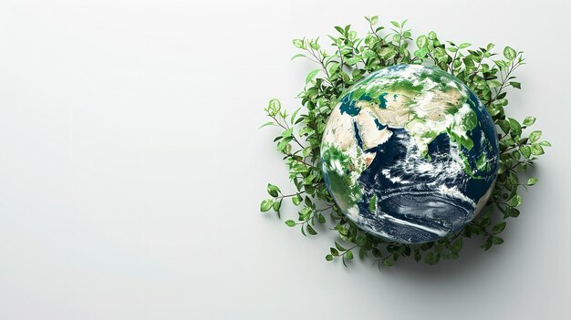 Photo world environment day design with lots of text space and a green globe with trees isolated on a white backdrop generative ai