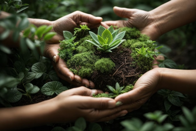 Photo world environment day green background hand holding tree on nature field