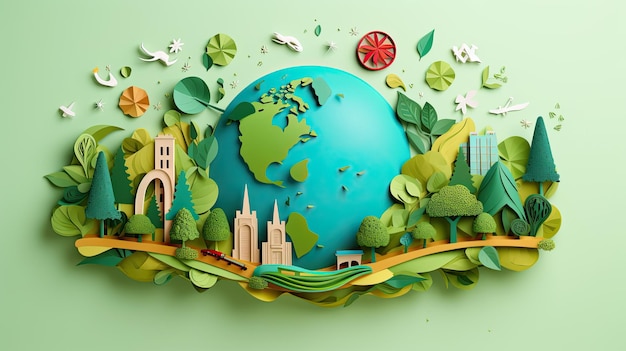 World environment day of paper cut signs and symbols to save planet earth ai generated background