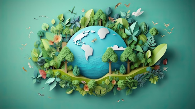 World environment day of paper cut signs and symbols to save planet earth AI generated background