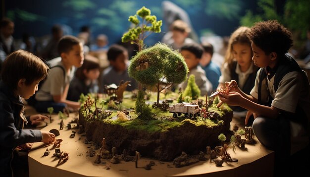 Foto giornata mondiale dell'ambiente una foto di bambini in una classe che interagiscono con un globo globo modello