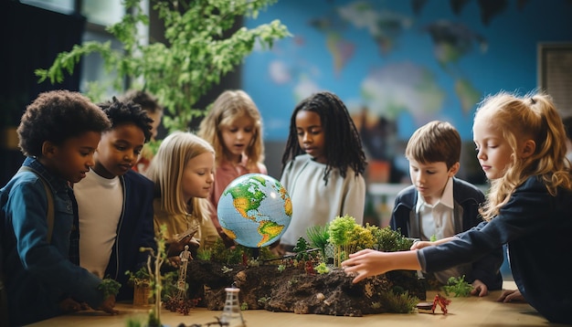 Foto giornata mondiale dell'ambiente una foto di bambini in una classe che interagiscono con un globo globo modello