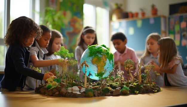 World environment day A photo of children in a classroom setting interacting with a model globe