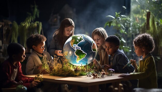 Photo world environment day a photo of children in a classroom setting interacting with a model globe