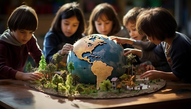 Foto giornata mondiale dell'ambiente una foto di bambini in una classe che interagiscono con un globo globo modello