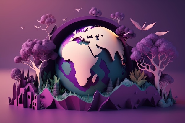 World environment day on purple background in paper cut style Earth day Generative AI