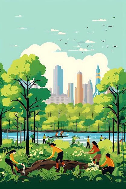 World environment day with activists planting trees green an international day creative poster art