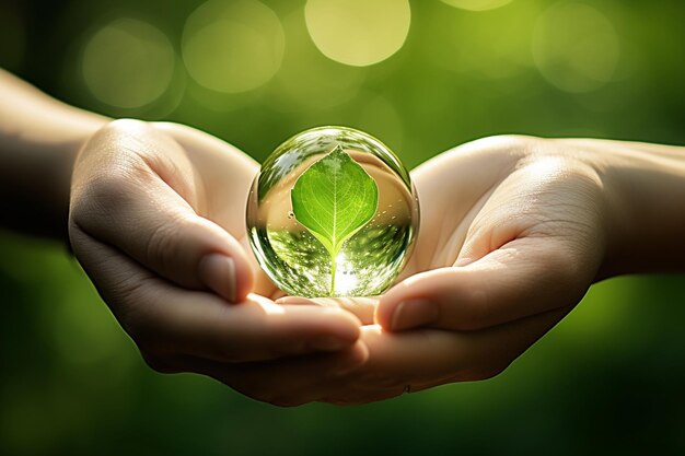 World environment dayhuman hand protecting water drop with sunlight on green nature background