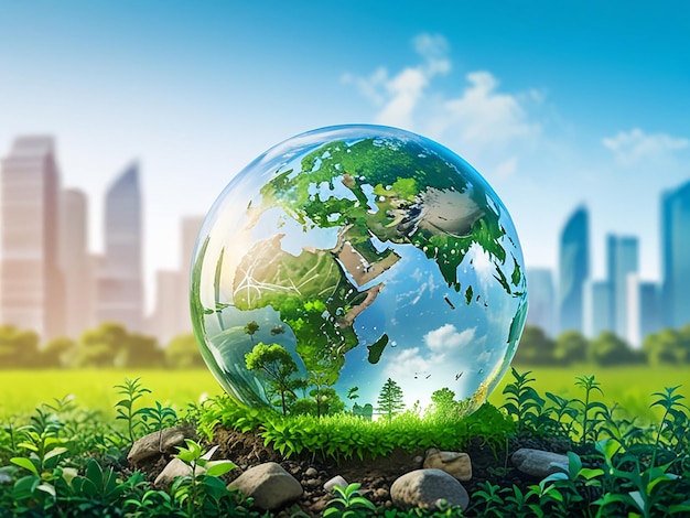 world environment and earth day concept with glass globe and eco friendly environment