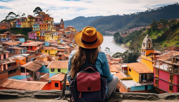 Foto un'immagine famosa in tutto il mondo di guatap colombia fusa con una donna che usa un laptop che guarda il colore