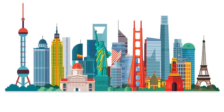 Photo 世界的に有名なランドマークのスカイラインイラスト