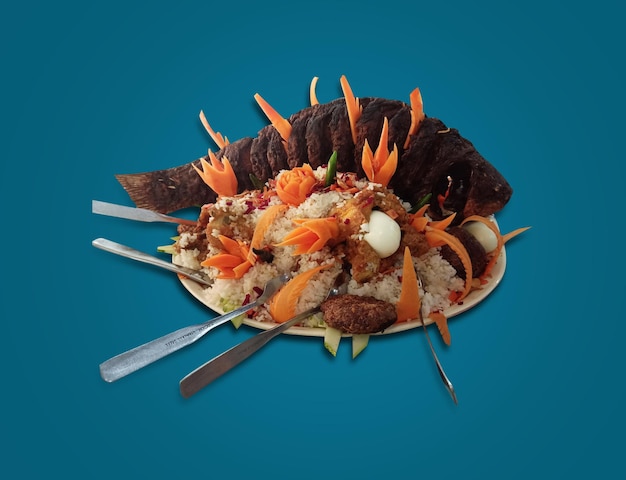 World Food Day Concept Food decoration plate A Big Fish and fried rice with various item