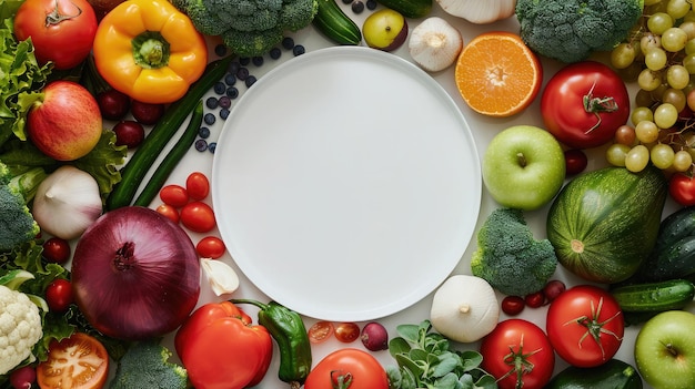 世界食デー ベジタリアンデーベガニズムデーのコンセプト 白い紙の背景に空の皿を描いた新鮮な野菜と果物のトップビュー