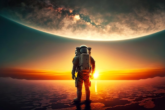 World of future floating astronaut walking on unexplored planet against backdrop of sunset