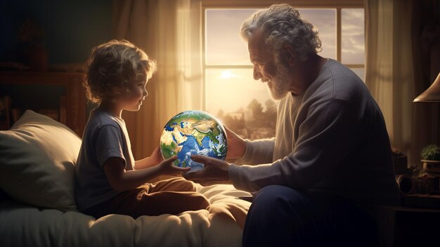 Photo world for next generations grandfather showing toddler a globe in bed in a bedroom