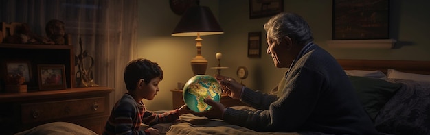 World for next generations grandfather showing toddler a globe in bed in a bedroom