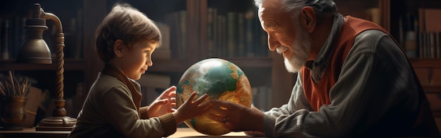 Photo world for next generations grandfather showing toddler a globe in bed in a bedroom