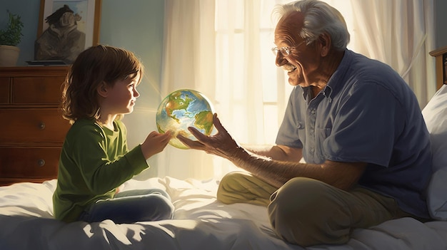 World for next generations grandfather showing toddler a globe in bed in a bedroom
