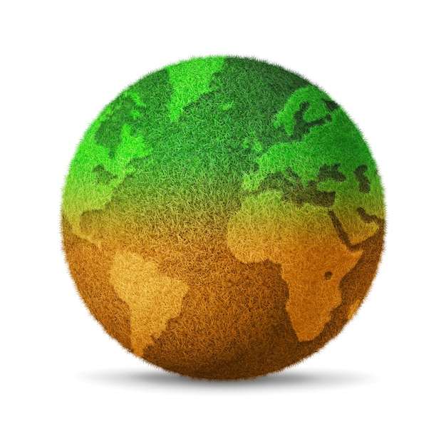 Foto globo coperto di erba che si asciuga a causa del riscaldamento globale isolato su sfondo bianco simbolo di protezione ambientale illustrazione 3d