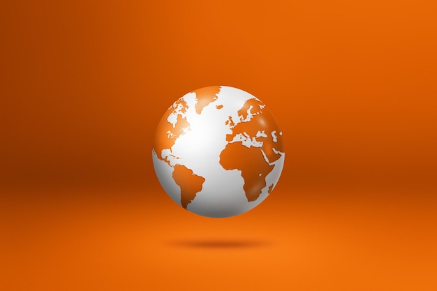 オレンジ色の水平背景に分離された世界地球儀地球地図