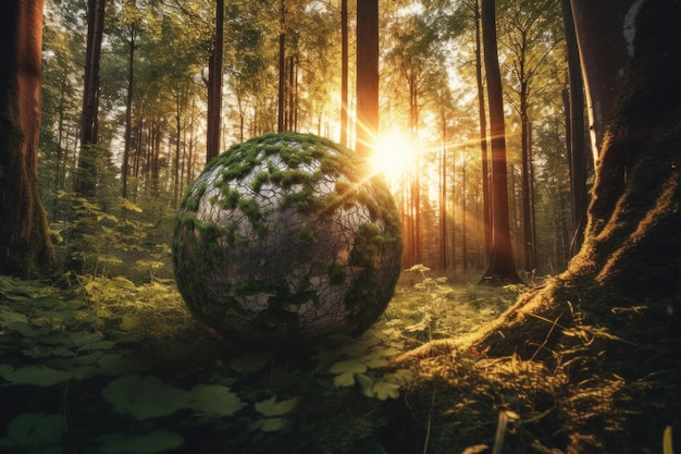 A world globe in a forest with the sun in the background Created with generative AI technology
