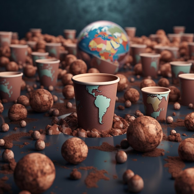 a world globe is surrounded by cups of tea and chocolate.