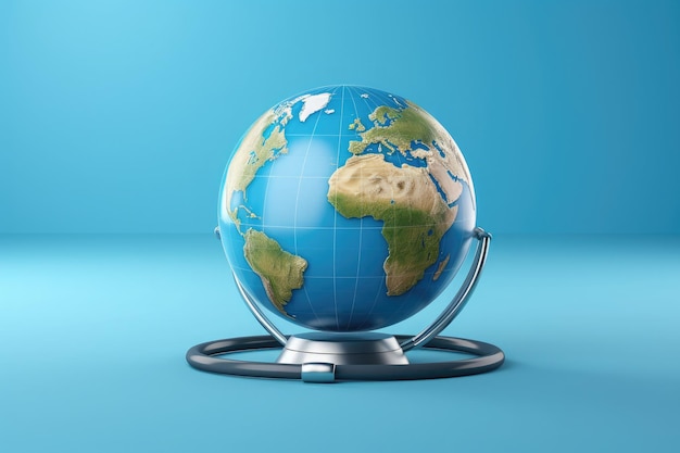 World Globe and Stethoscope with world earth day and world health day concept green plants background