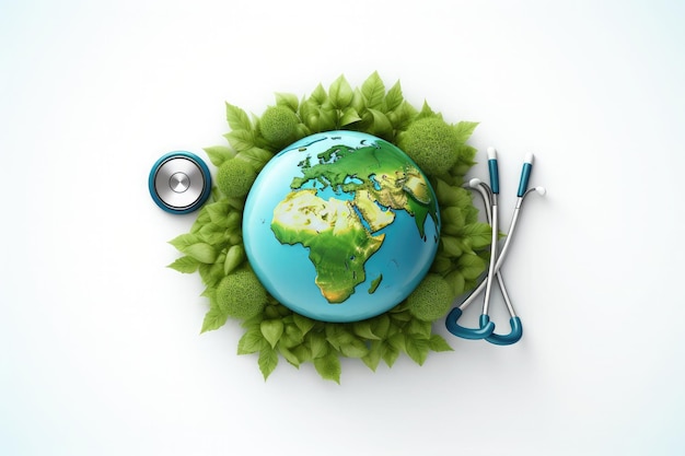 World Globe and Stethoscope with world earth day and world health day concept green plants background