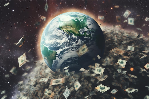 A world globe surrounded by money