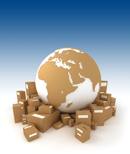 World globe in white and carboard texture surrounded by packages and oriented to Africa
