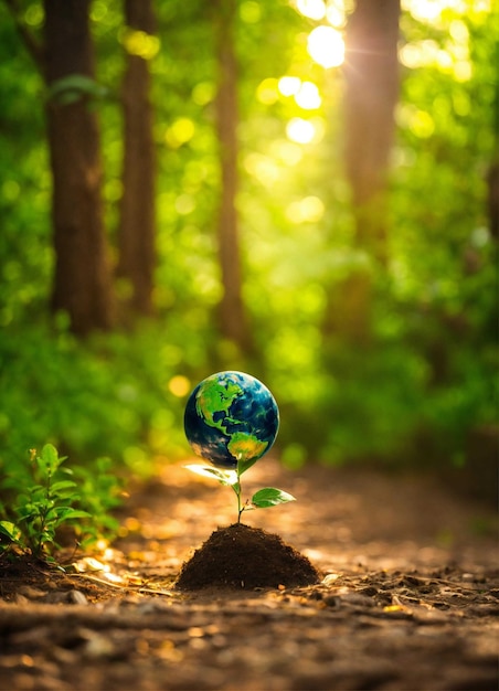 Foto un globo mondiale con la terra al centro della foresta