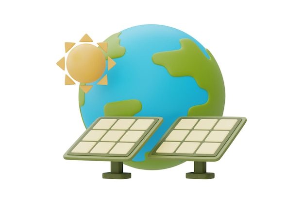 태양 전지 패널이 있는 세계 지구세계 환경의 날전기의 대체 소스청정 에너지3d 렌더링
