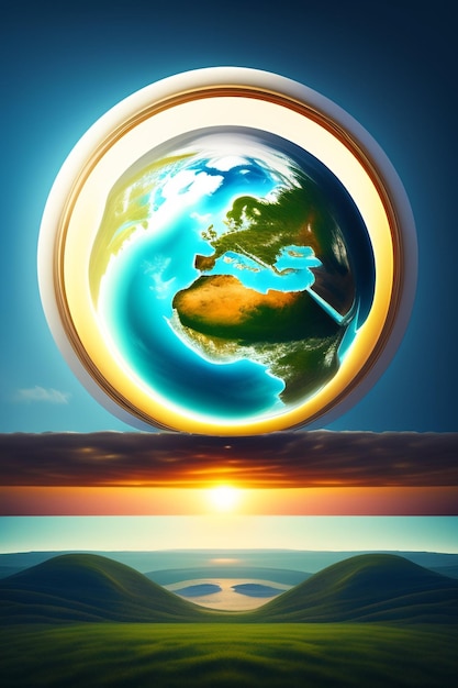 A world globe with the sun setting behind it.