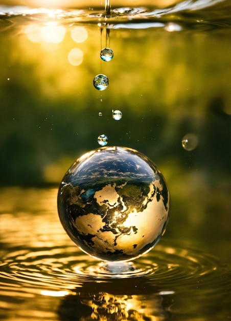 Photo a world globe with water drops in it and the sun behind it
