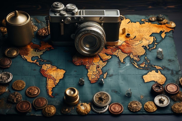 World graphy day with camera lens world map